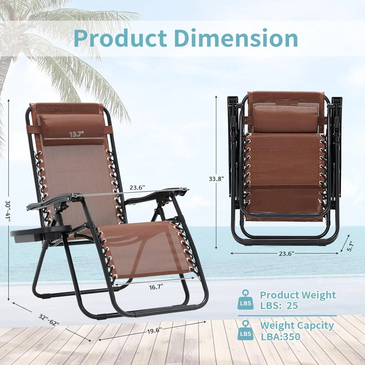 Zero Gravity Chair Set of 2, 350 lbs Capacity, Reclining Folding Outdoor Chairs with Adjustable Headrest & Cup Holder, Anti - Gravity Loungers for Backyard, Patio, Lawn, Poolside (Brown)