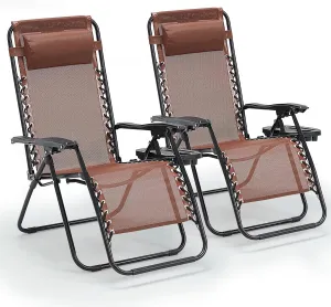 Zero Gravity Chair Set of 2, 350 lbs Capacity, Reclining Folding Outdoor Chairs with Adjustable Headrest & Cup Holder, Anti - Gravity Loungers for Backyard, Patio, Lawn, Poolside (Brown)