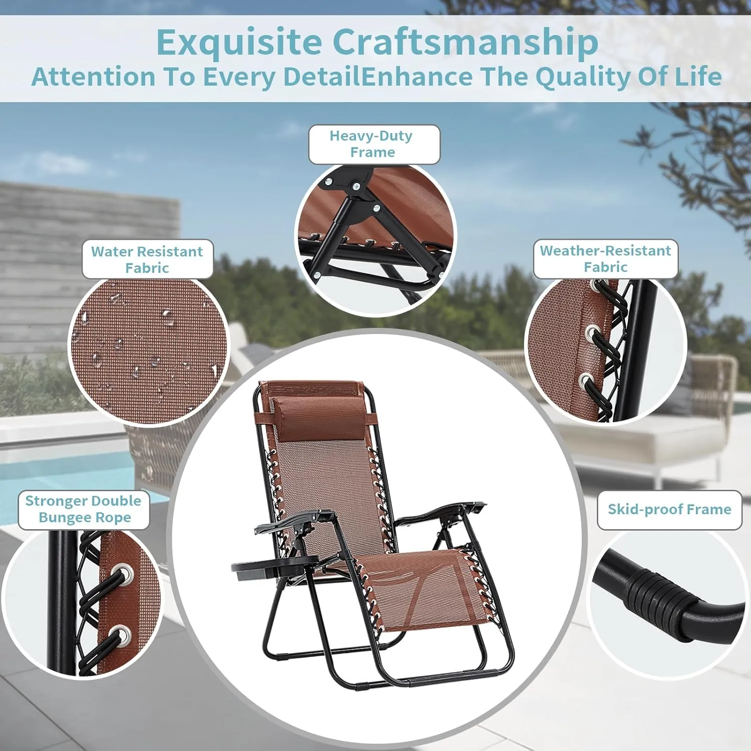 Zero Gravity Chair Set of 2, 350 lbs Capacity, Reclining Folding Outdoor Chairs with Adjustable Headrest & Cup Holder, Anti - Gravity Loungers for Backyard, Patio, Lawn, Poolside (Brown)