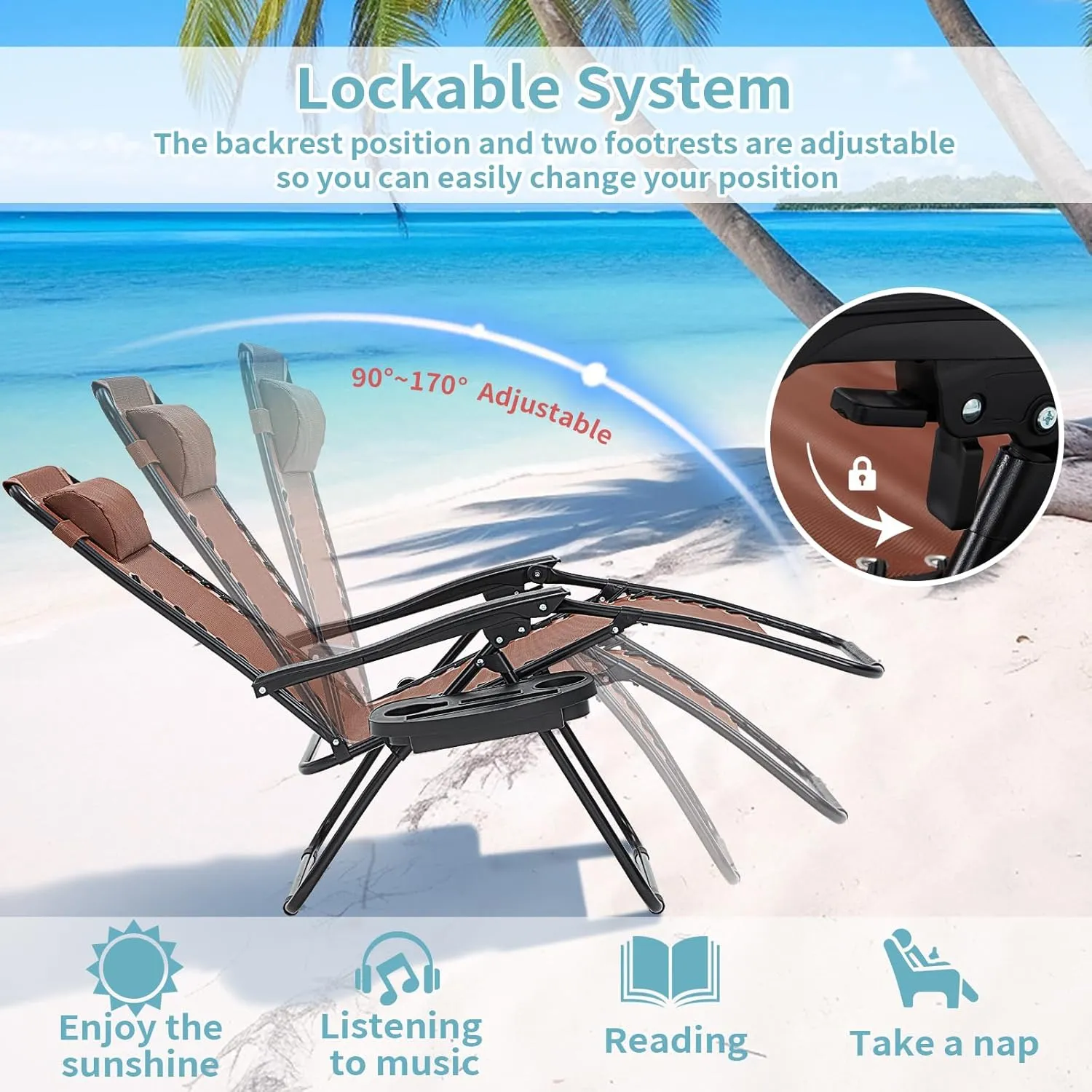 Zero Gravity Chair Set of 2, 350 lbs Capacity, Reclining Folding Outdoor Chairs with Adjustable Headrest & Cup Holder, Anti - Gravity Loungers for Backyard, Patio, Lawn, Poolside (Brown)
