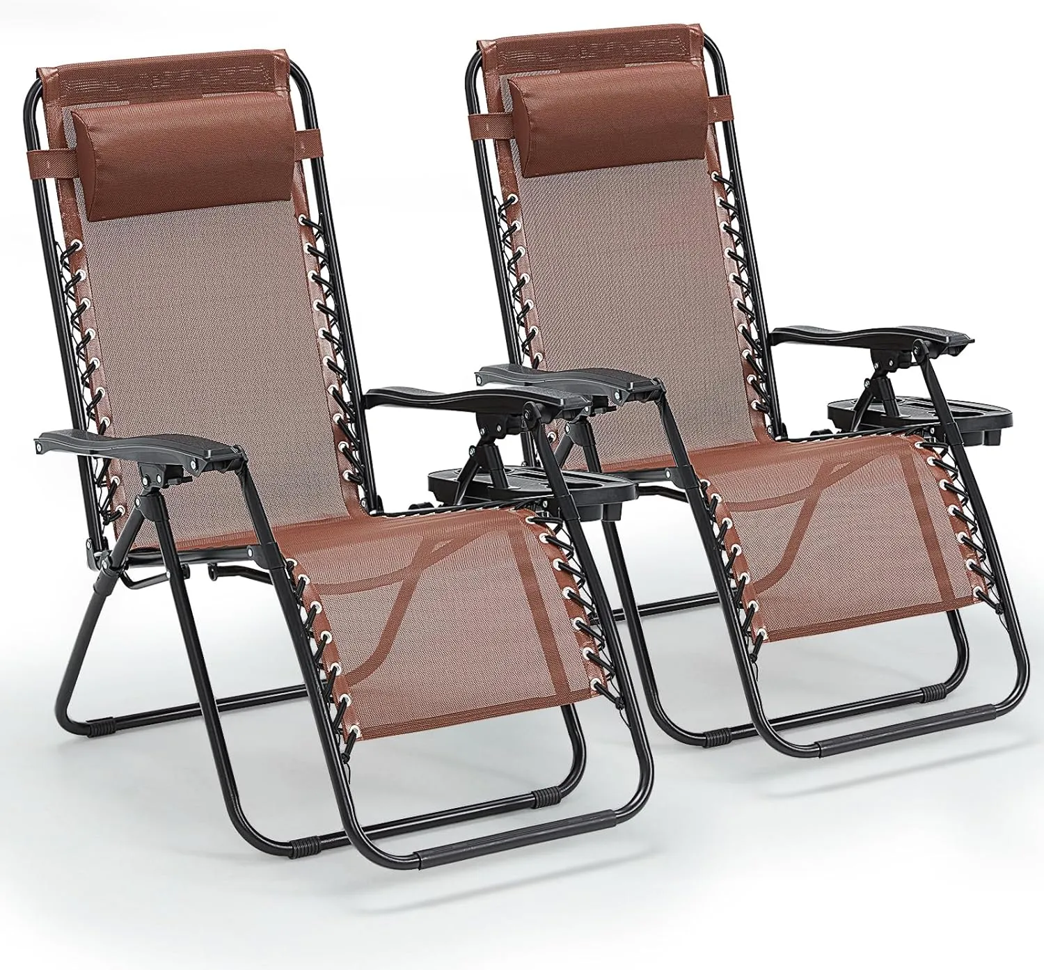 Zero Gravity Chair Set of 2, 350 lbs Capacity, Reclining Folding Outdoor Chairs with Adjustable Headrest & Cup Holder, Anti - Gravity Loungers for Backyard, Patio, Lawn, Poolside (Brown)