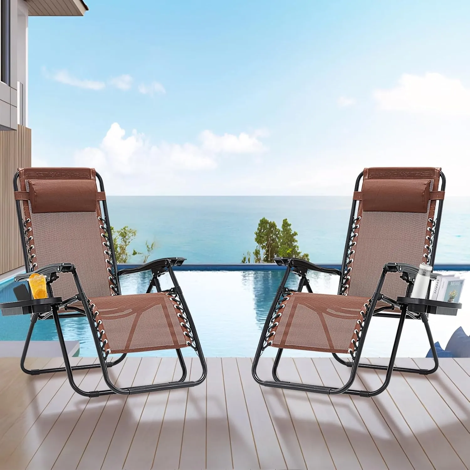 Zero Gravity Chair Set of 2, 350 lbs Capacity, Reclining Folding Outdoor Chairs with Adjustable Headrest & Cup Holder, Anti - Gravity Loungers for Backyard, Patio, Lawn, Poolside (Brown)