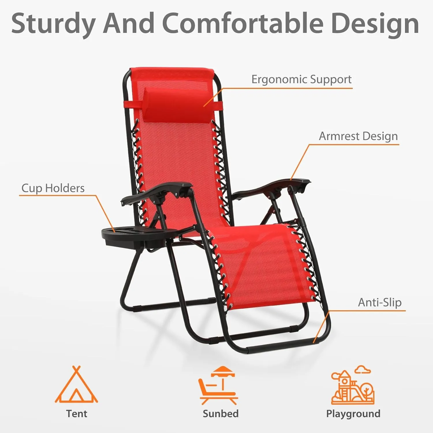Zero Gravity Chairs, Portable Folding Reclining Lounge Chairs with Adjustable Pillow and Cup Holder Trays for Outdoor, Patio, Beach, Camping, Garden, Poolside, Set of 2 Sun Red