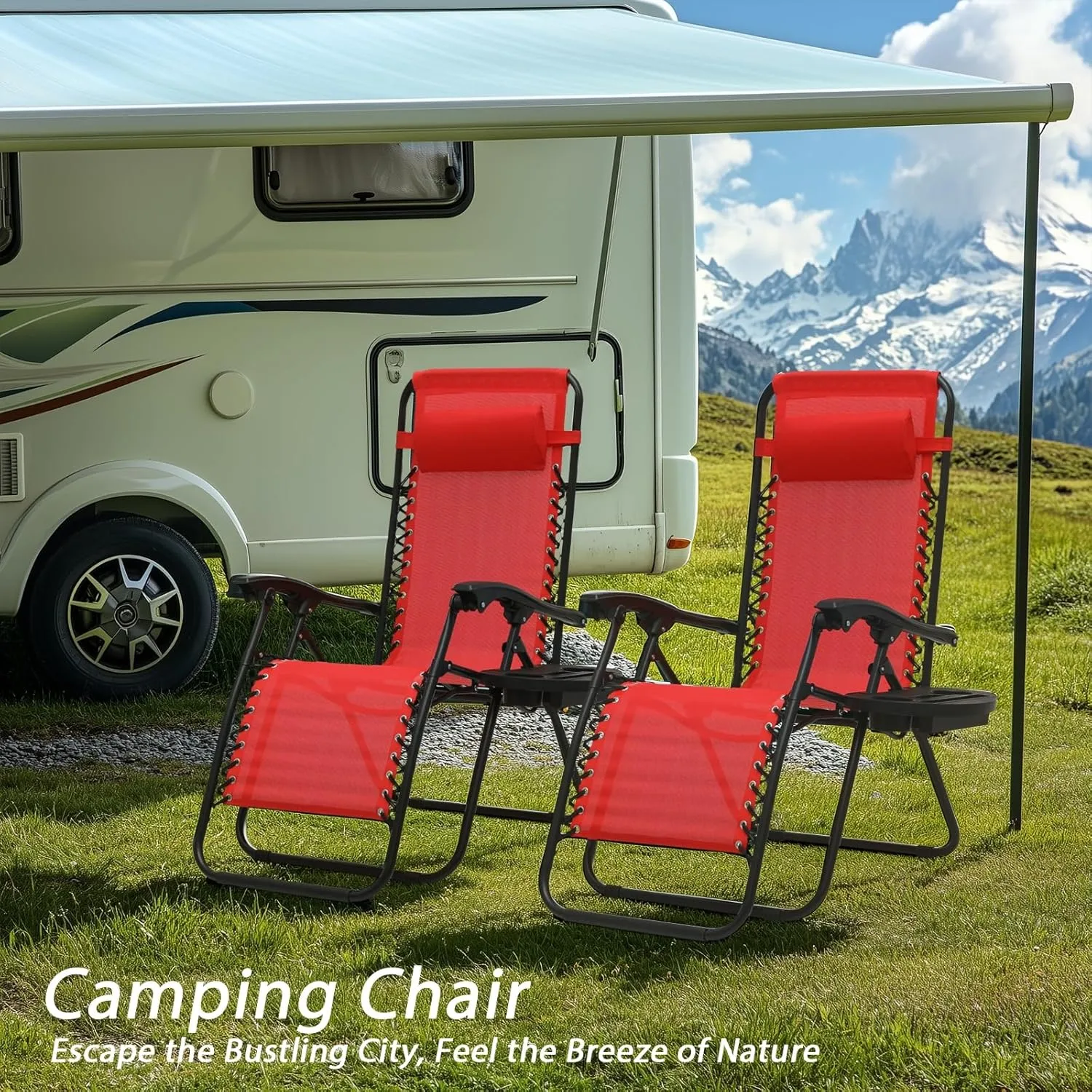 Zero Gravity Chairs, Portable Folding Reclining Lounge Chairs with Adjustable Pillow and Cup Holder Trays for Outdoor, Patio, Beach, Camping, Garden, Poolside, Set of 2 Sun Red
