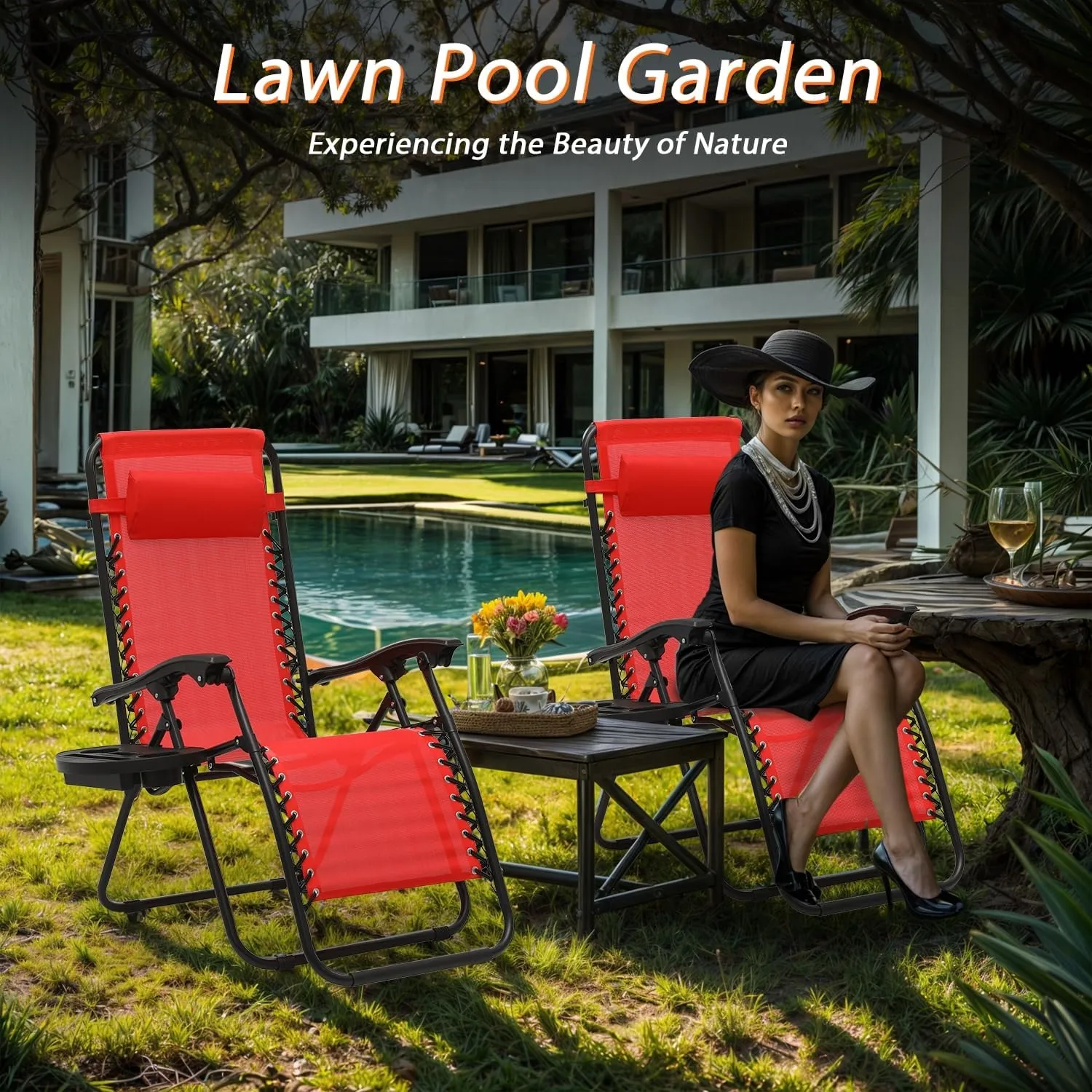 Zero Gravity Chairs, Portable Folding Reclining Lounge Chairs with Adjustable Pillow and Cup Holder Trays for Outdoor, Patio, Beach, Camping, Garden, Poolside, Set of 2 Sun Red