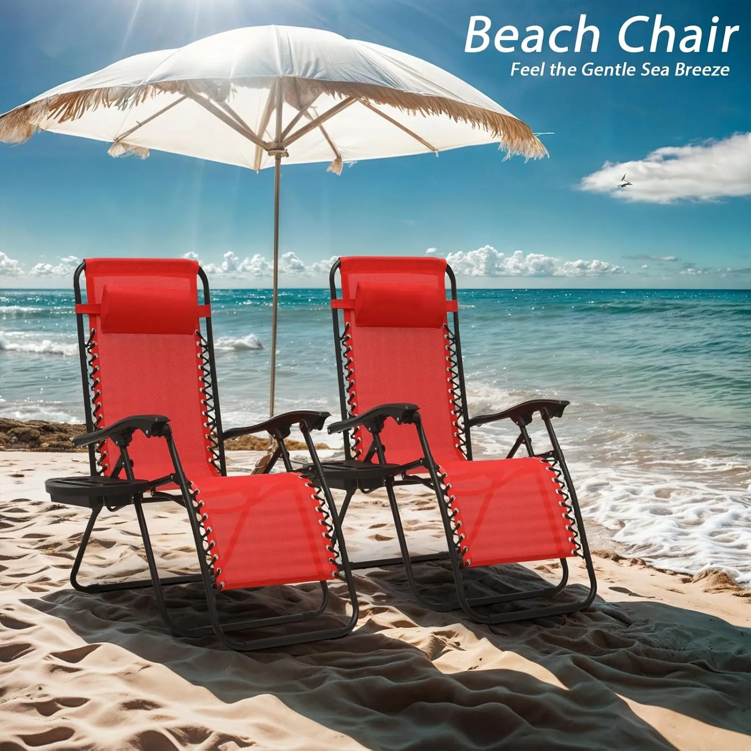 Zero Gravity Chairs, Portable Folding Reclining Lounge Chairs with Adjustable Pillow and Cup Holder Trays for Outdoor, Patio, Beach, Camping, Garden, Poolside, Set of 2 Sun Red