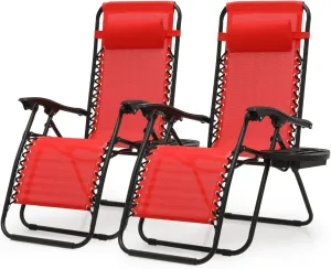 Zero Gravity Chairs, Portable Folding Reclining Lounge Chairs with Adjustable Pillow and Cup Holder Trays for Outdoor, Patio, Beach, Camping, Garden, Poolside, Set of 2 Sun Red