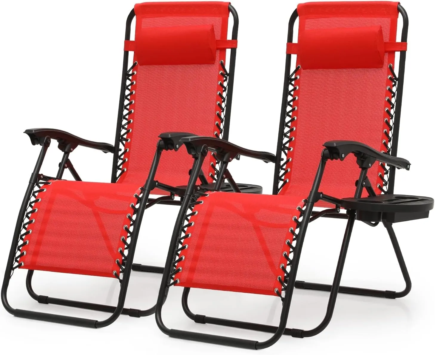 Zero Gravity Chairs, Portable Folding Reclining Lounge Chairs with Adjustable Pillow and Cup Holder Trays for Outdoor, Patio, Beach, Camping, Garden, Poolside, Set of 2 Sun Red