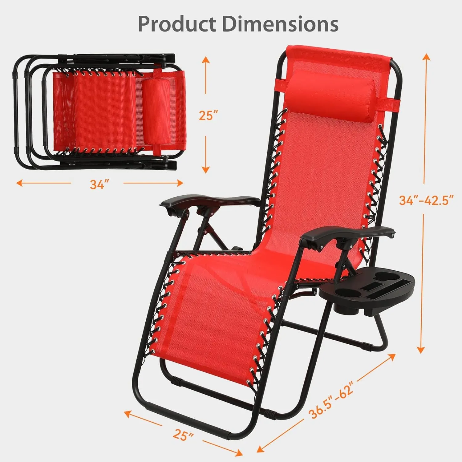 Zero Gravity Chairs, Portable Folding Reclining Lounge Chairs with Adjustable Pillow and Cup Holder Trays for Outdoor, Patio, Beach, Camping, Garden, Poolside, Set of 2 Sun Red