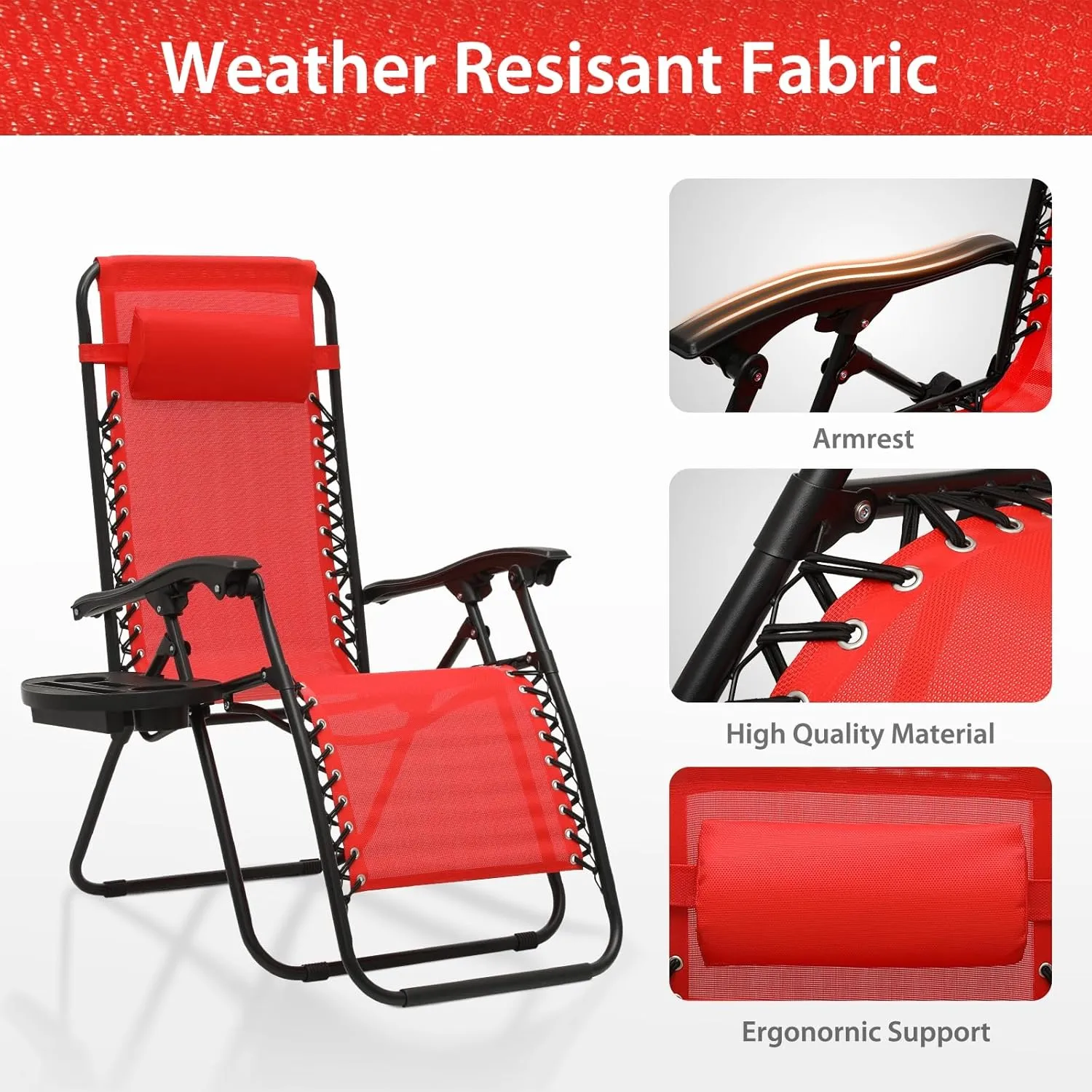 Zero Gravity Chairs, Portable Folding Reclining Lounge Chairs with Adjustable Pillow and Cup Holder Trays for Outdoor, Patio, Beach, Camping, Garden, Poolside, Set of 2 Sun Red