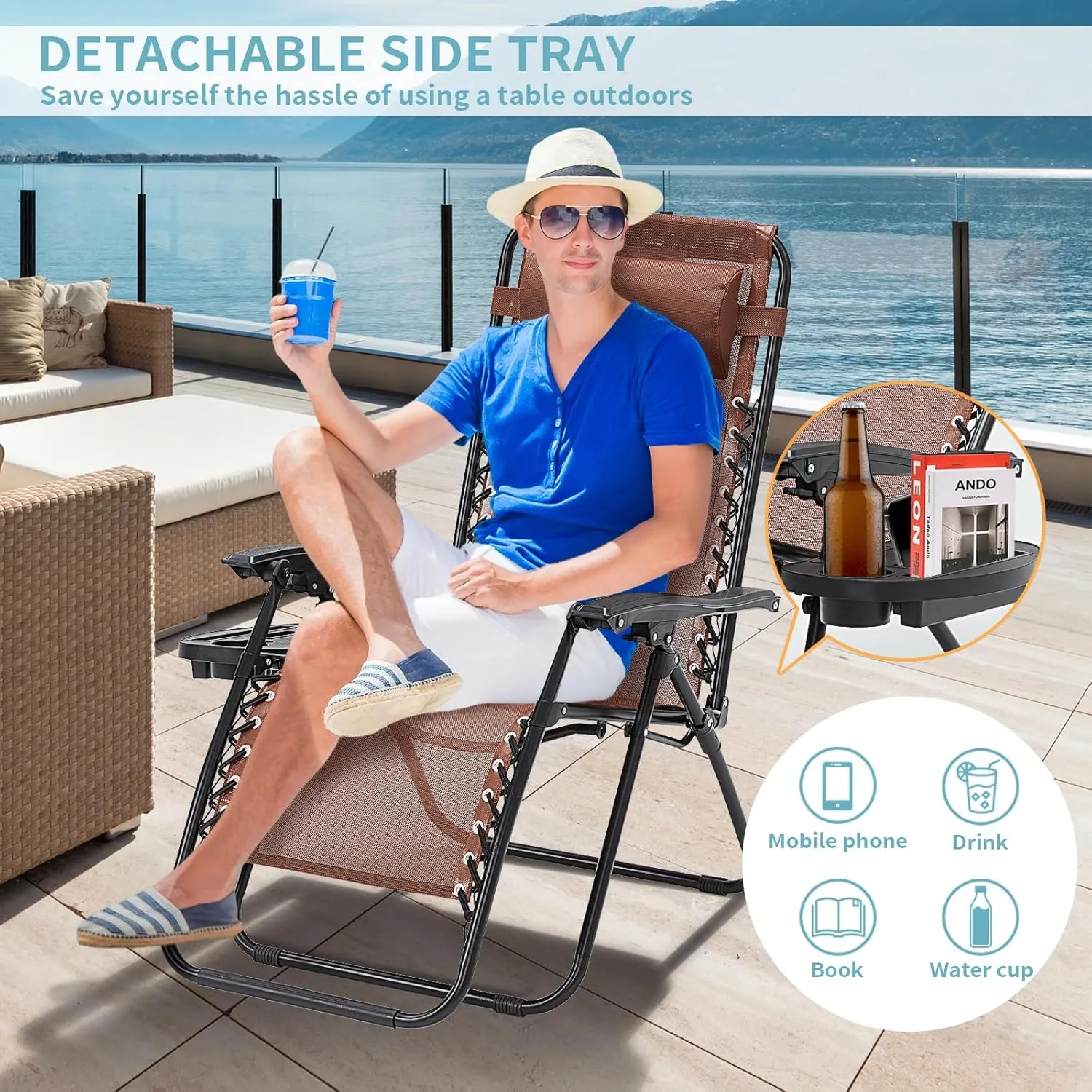 Zero Gravity Chairs Set of 2, 350lbs Capacity Folding Outdoor Patio Recliner with Adjustable Headrest & Cup Holder, Anti Gravity Chair for Backyard, Poolside & Lawn (Brown)