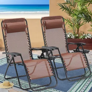 Zero Gravity Chairs Set of 2, 350lbs Capacity Folding Outdoor Patio Recliner with Adjustable Headrest & Cup Holder, Anti Gravity Chair for Backyard, Poolside & Lawn (Brown)