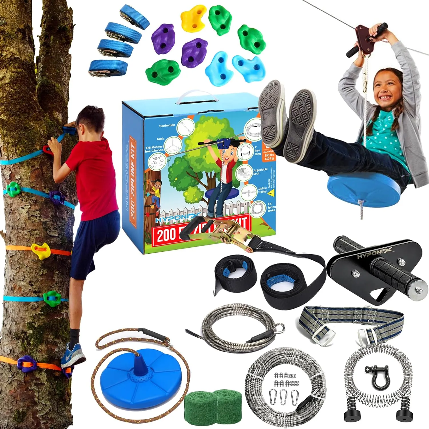 Zip Line Kit for Kids and Adults, 100/120/150/200 ft, Up to 350 Lbs, Removable Trolley, Rustproof Stainless Steel, Quick Setup with Ratchet, Safety Harness, Backyard Adventure Fun W/Climbing Holds
