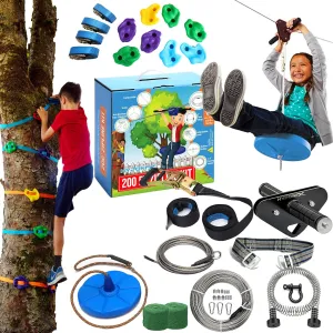 Zip Line Kit for Kids and Adults, 100/120/150/200 ft, Up to 350 Lbs, Removable Trolley, Rustproof Stainless Steel, Quick Setup with Ratchet, Safety Harness, Backyard Adventure Fun W/Climbing Holds