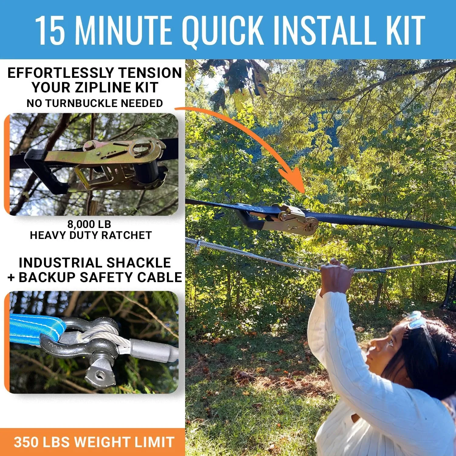 Zip Line Kit for Kids and Adults, 100/120/150/200ft, Up to 350 Lbs, Removable Trolley, Rustproof Stainless Steel, Quick Setup with Ratchet, Safety Harness, Backyard Adventure Fun W/Climbing Holds