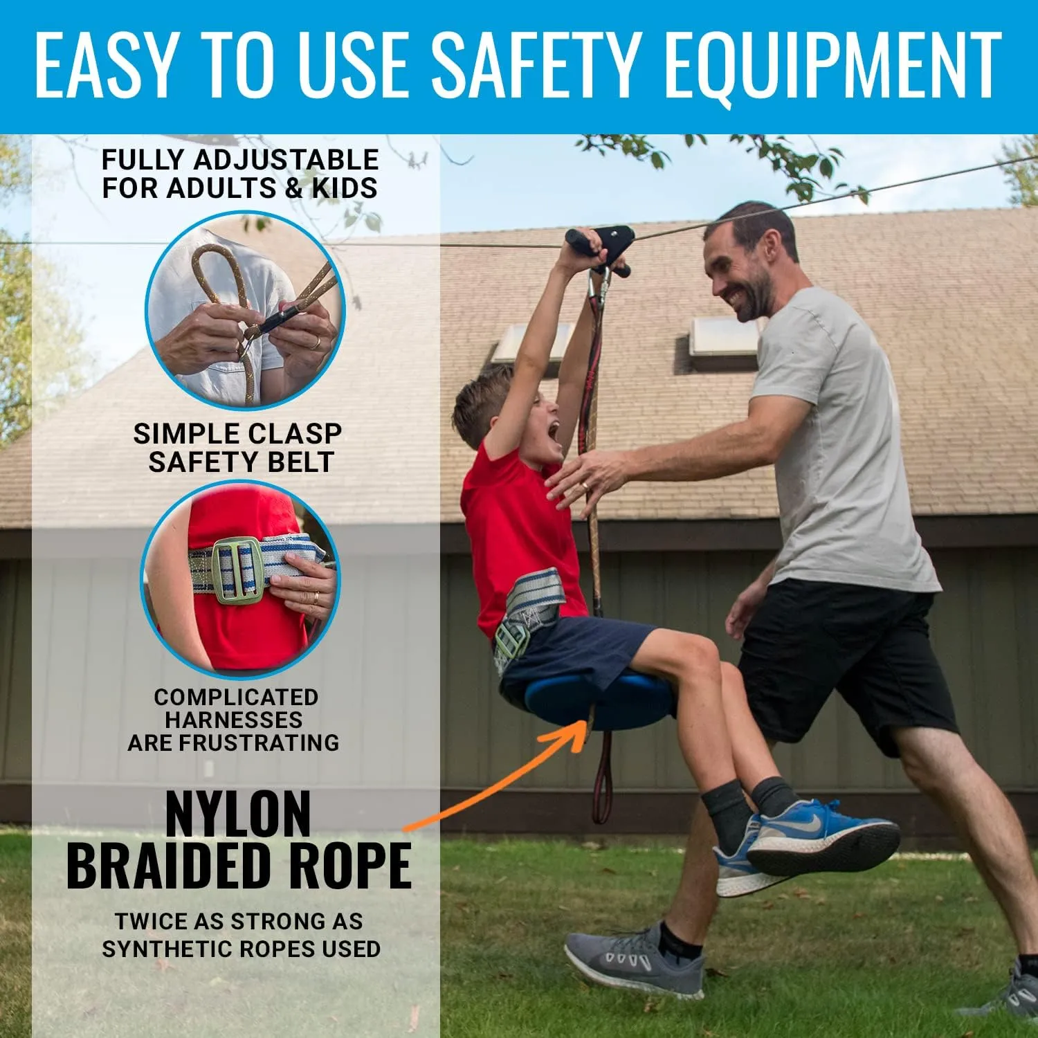 Zip Line Kit for Kids and Adults, 100/120/150/200ft, Up to 350 Lbs, Removable Trolley, Rustproof Stainless Steel, Quick Setup with Ratchet, Safety Harness, Backyard Adventure Fun W/Climbing Holds