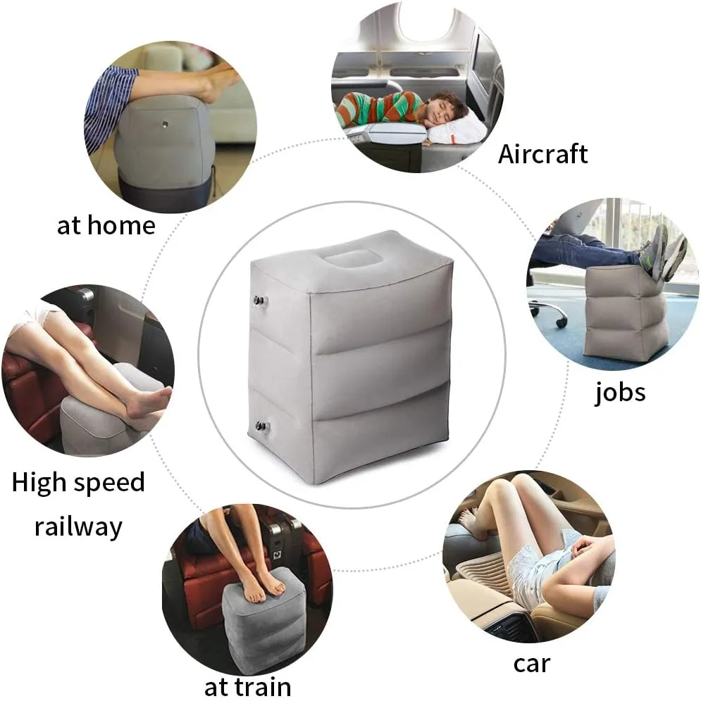 ZIQIAN Inflatable Travel Foot Rest Pillow Portable Adjustable Three Layers Height Foot Stool for Airplanes, Cars, Home, Trains, Office to Lay Down or Sleep on Long Flights with Pump (Gray 2PACK)