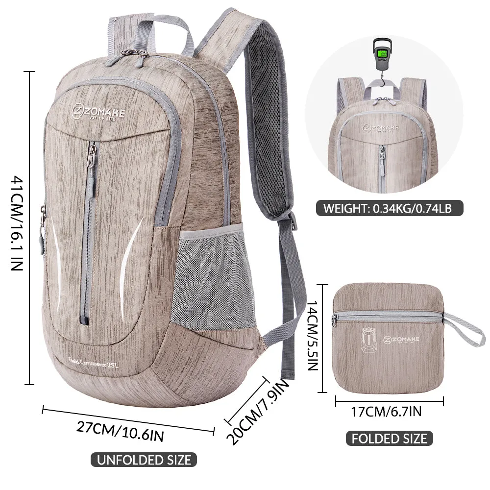 ZOMAKE 25L Ultra Lightweight Packable Backpack, Foldable Hiking Backpacks Water Resistant Small Folding Daypack for Travel(Light Gray)