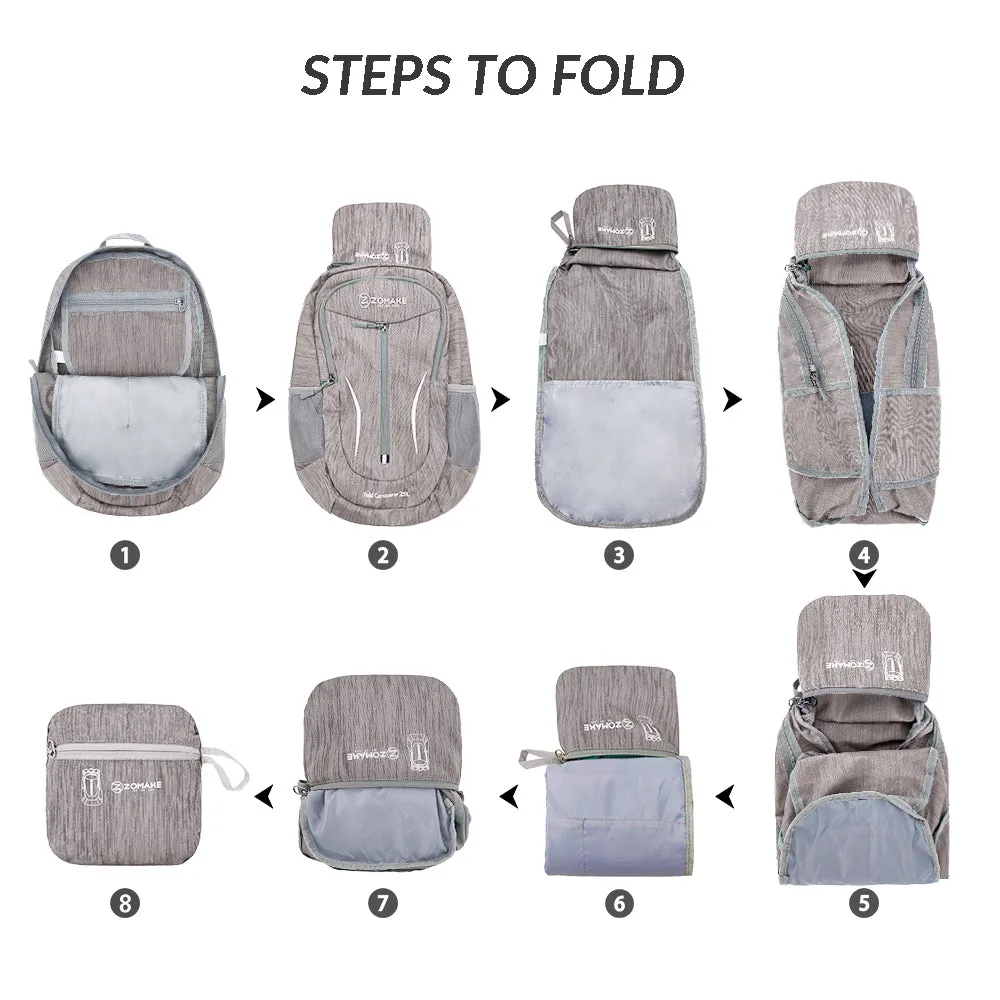 ZOMAKE 25L Ultra Lightweight Packable Backpack, Foldable Hiking Backpacks Water Resistant Small Folding Daypack for Travel(Light Gray)