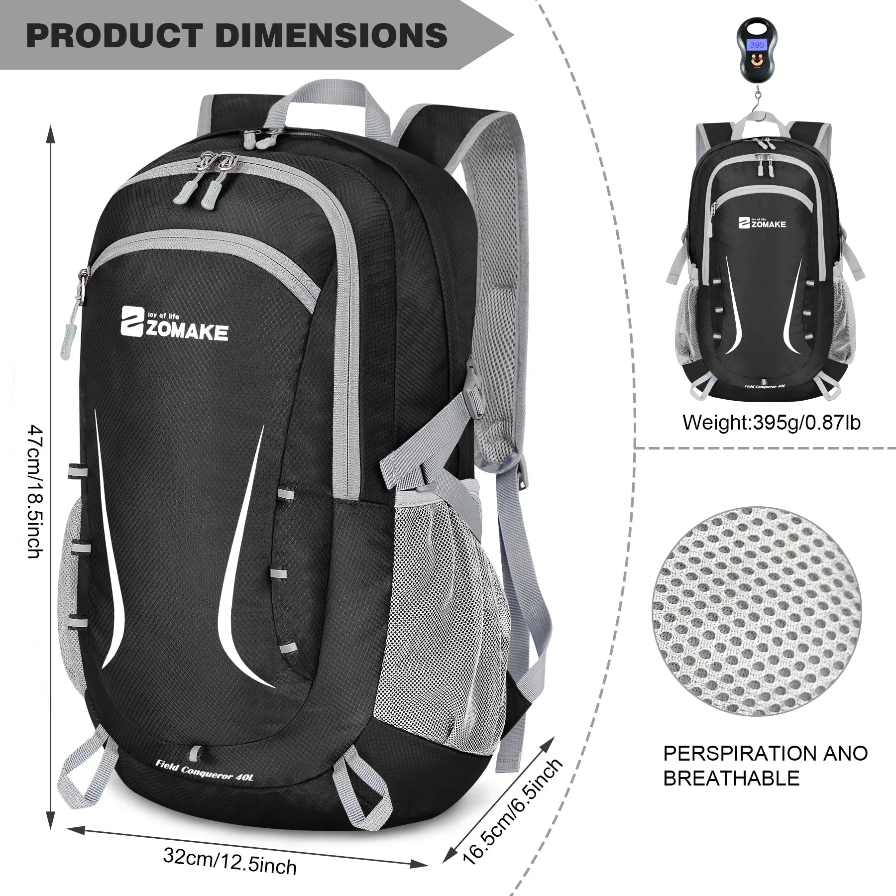 ZOMAKE Lightweight Packable Backpack 35L, Foldable Backpacks Water Resistant Collapsible Light Daypack for Hiking(Black)