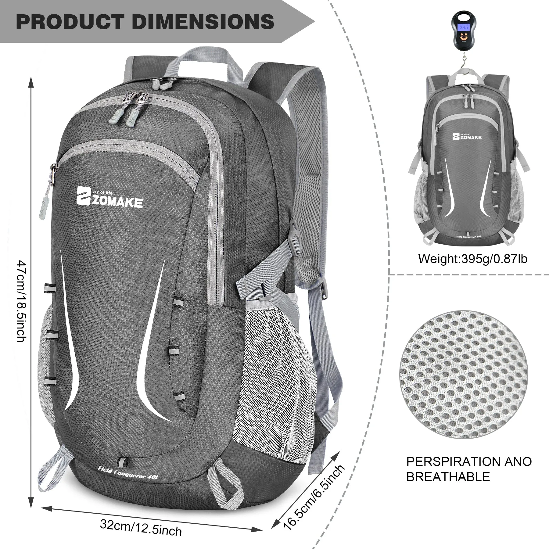 ZOMAKE Lightweight Packable Backpack 35L, Foldable Backpacks Water Resistant Collapsible Light Daypack for Hiking(Medium Grey)