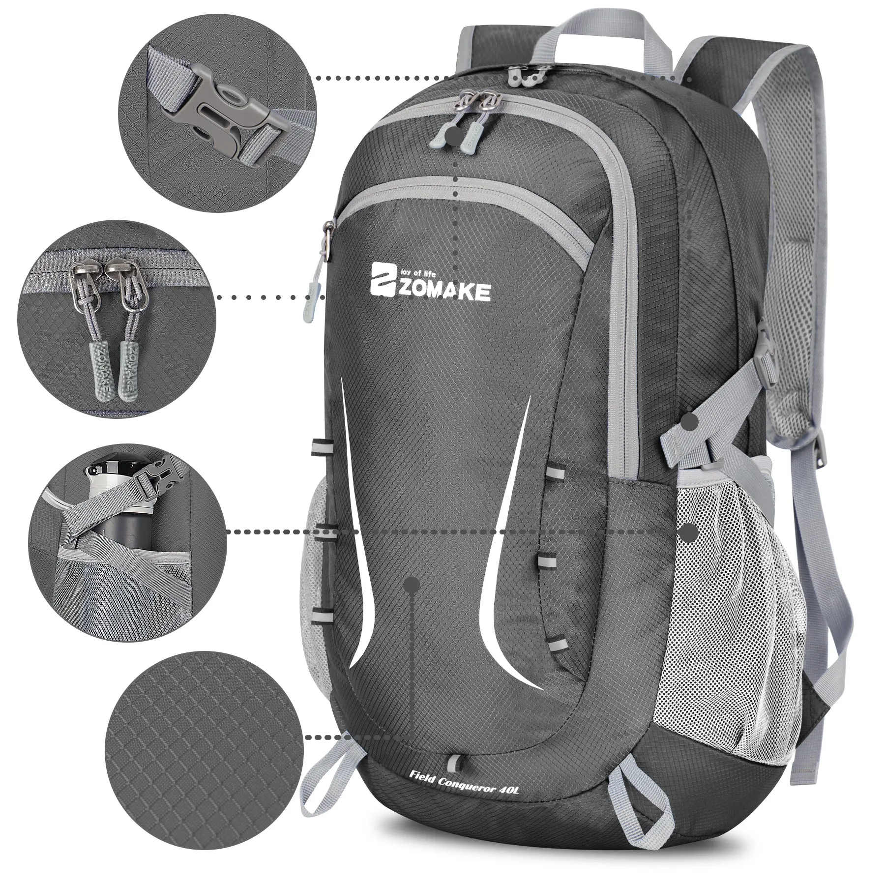 ZOMAKE Lightweight Packable Backpack 35L, Foldable Backpacks Water Resistant Collapsible Light Daypack for Hiking(Medium Grey)