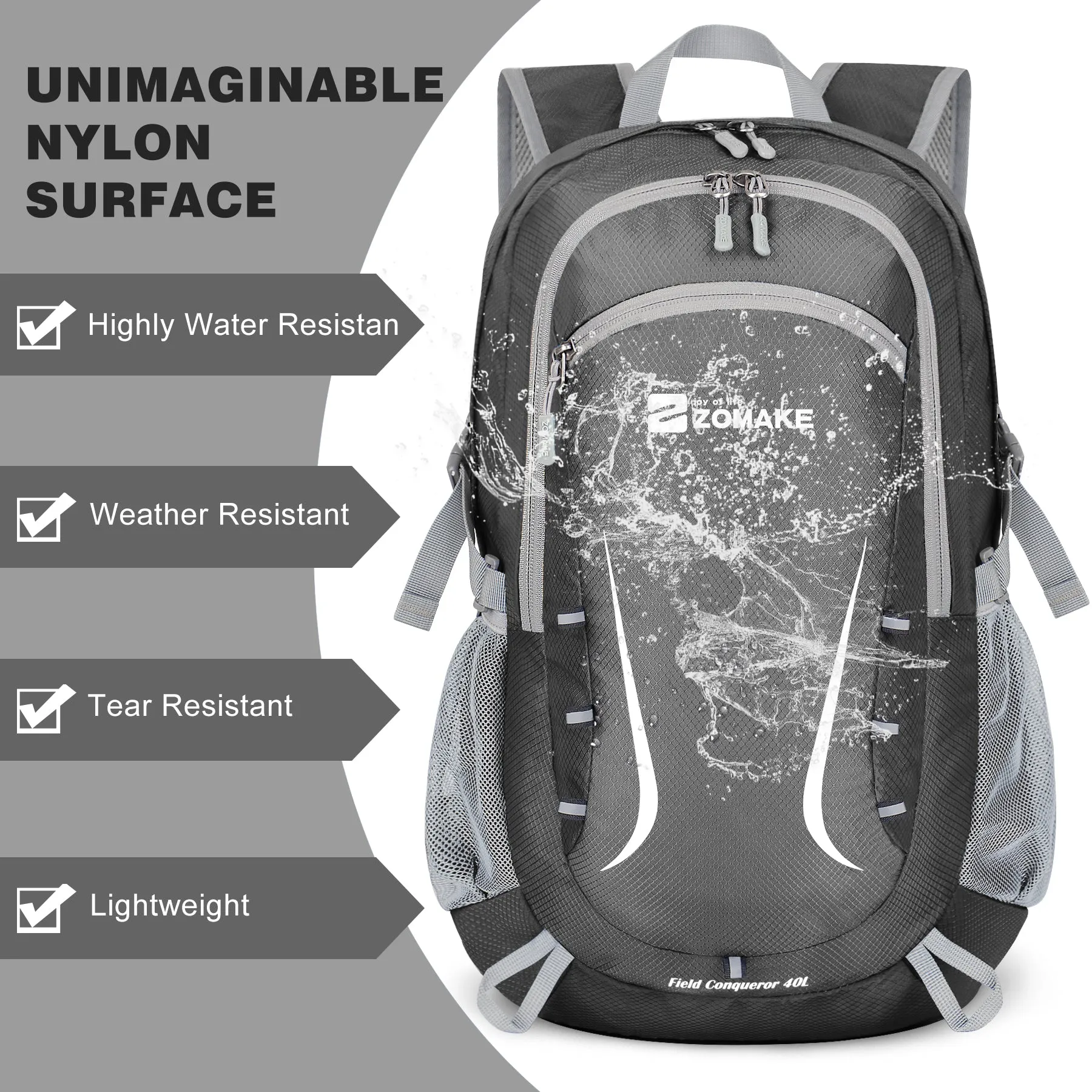 ZOMAKE Lightweight Packable Backpack 35L, Foldable Backpacks Water Resistant Collapsible Light Daypack for Hiking(Medium Grey)