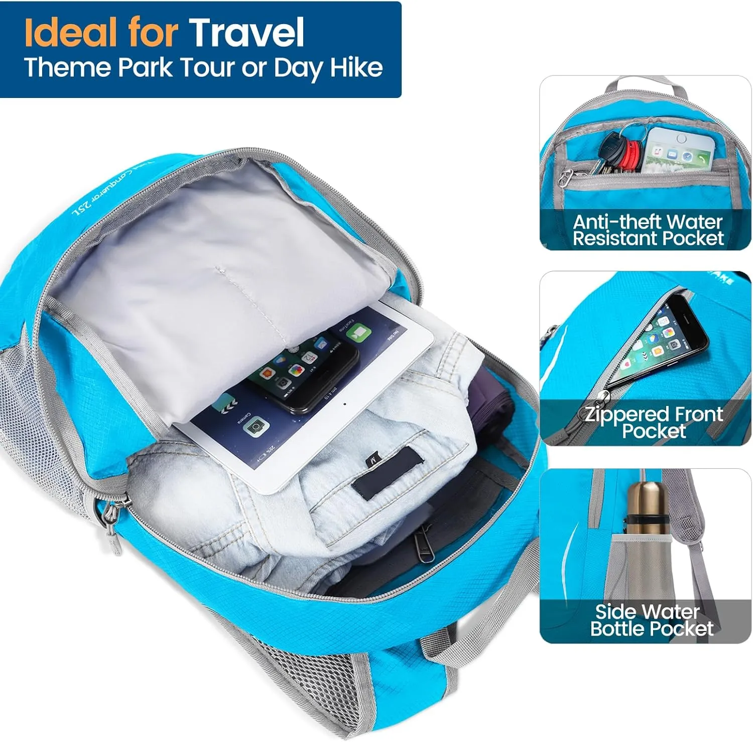 ZOMAKE Ultra Lightweight Packable Backpack 25L, Foldable Hiking Backpacks Water Resistant Small Folding Daypack for Travel(Light Blue)