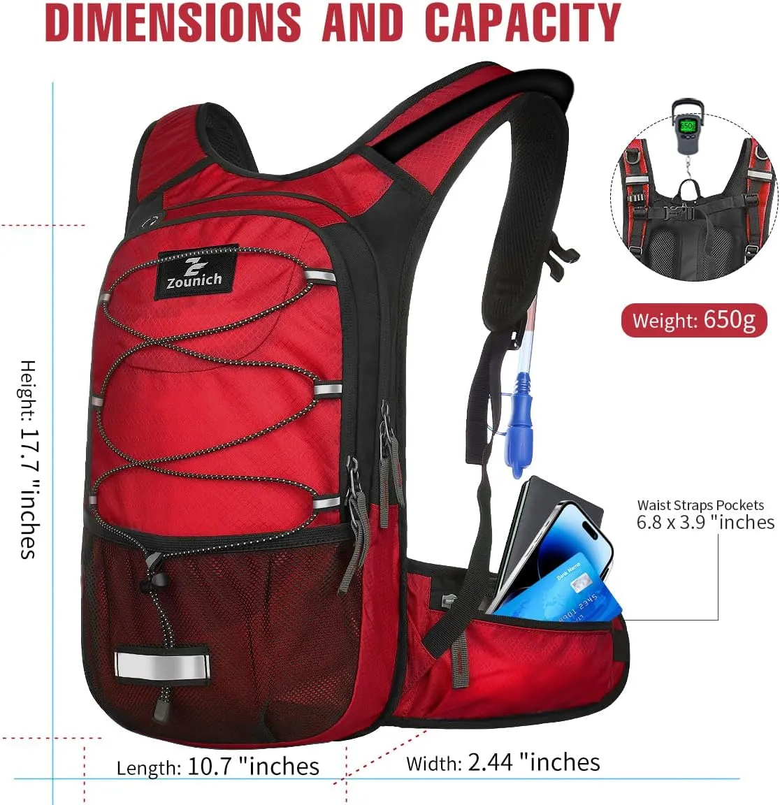 Zounich Hydration Backpack, Breathable Running Backpack with 3L Water Bladder, Large Capacity Hiking Rucksack Outdoors Hydration Bag Pack Perfect for Cycling Camping Fitness Climbing Fits Men & Women