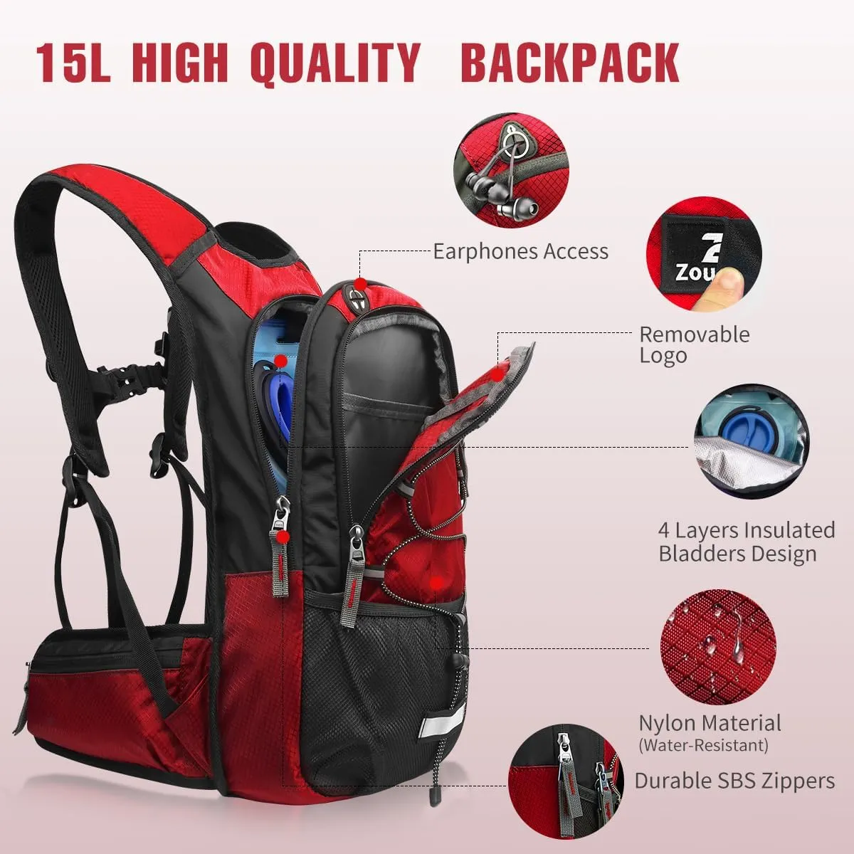 Zounich Hydration Backpack, Breathable Running Backpack with 3L Water Bladder, Large Capacity Hiking Rucksack Outdoors Hydration Bag Pack Perfect for Cycling Camping Fitness Climbing Fits Men & Women