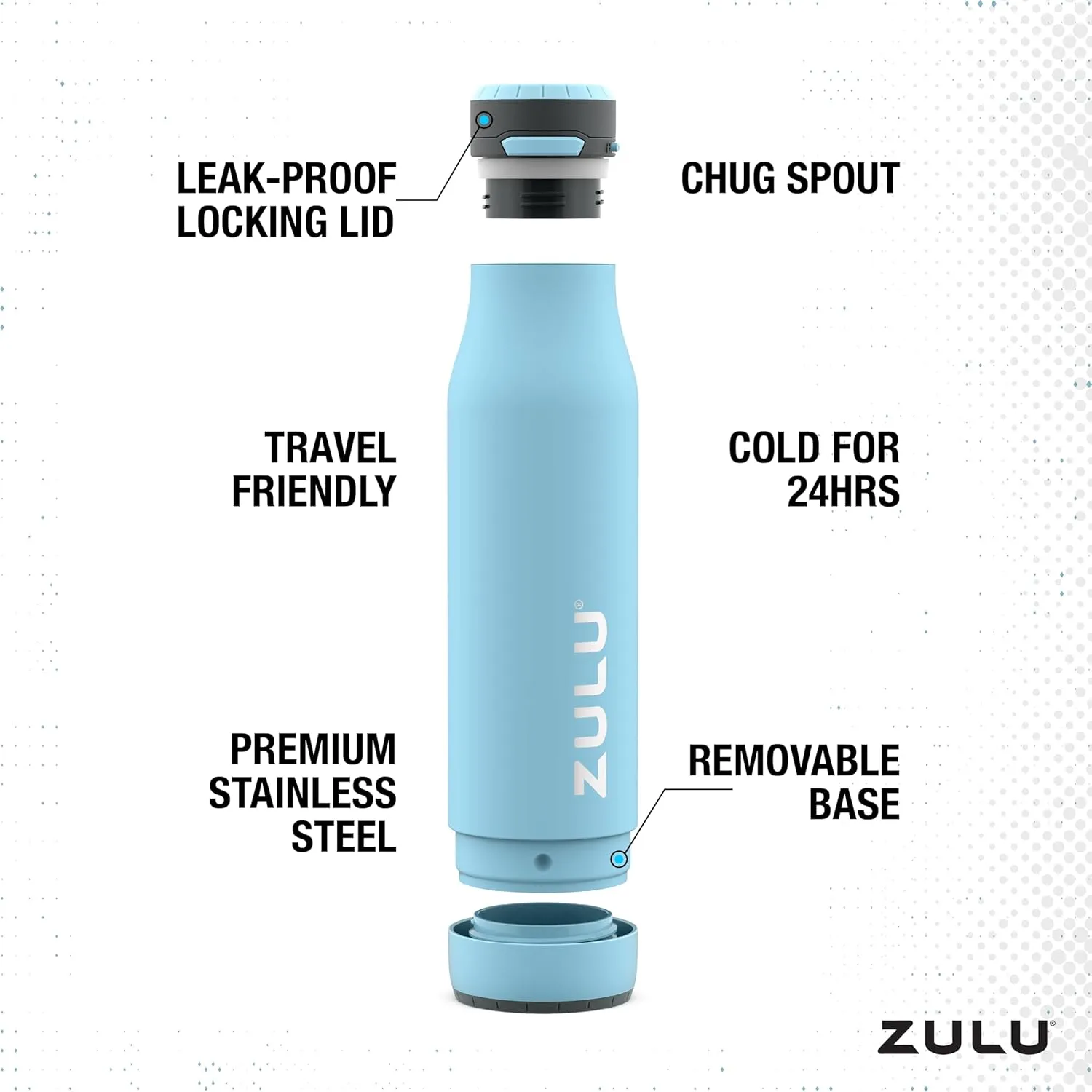 ZULU Ace Vacuum Insulated Stainless Steel Water Bottle with Chug Spout, Leak-Proof Locking Lid and Removable Base for School, Backpack, Sports, Gym, Travel