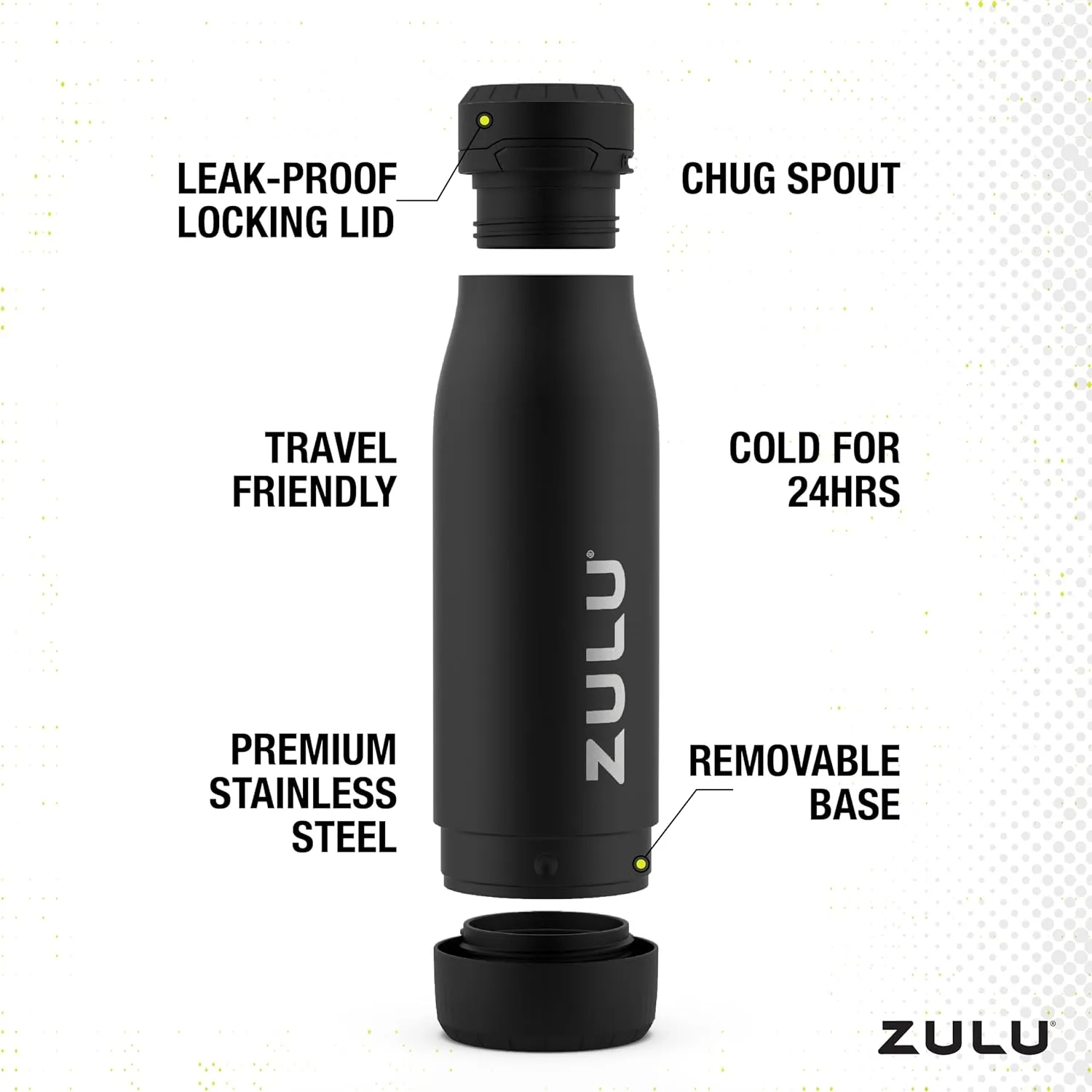 ZULU Ace Vacuum Insulated Stainless Steel Water Bottle with Chug Spout, Leak-Proof Locking Lid and Removable Base for School, Backpack, Sports, Gym, Travel